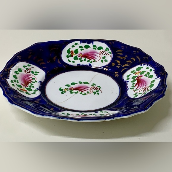 19th Century Vintage Gaudy Welsh Feather Pattern Square Scalloped Plate - Picture 6 of 11